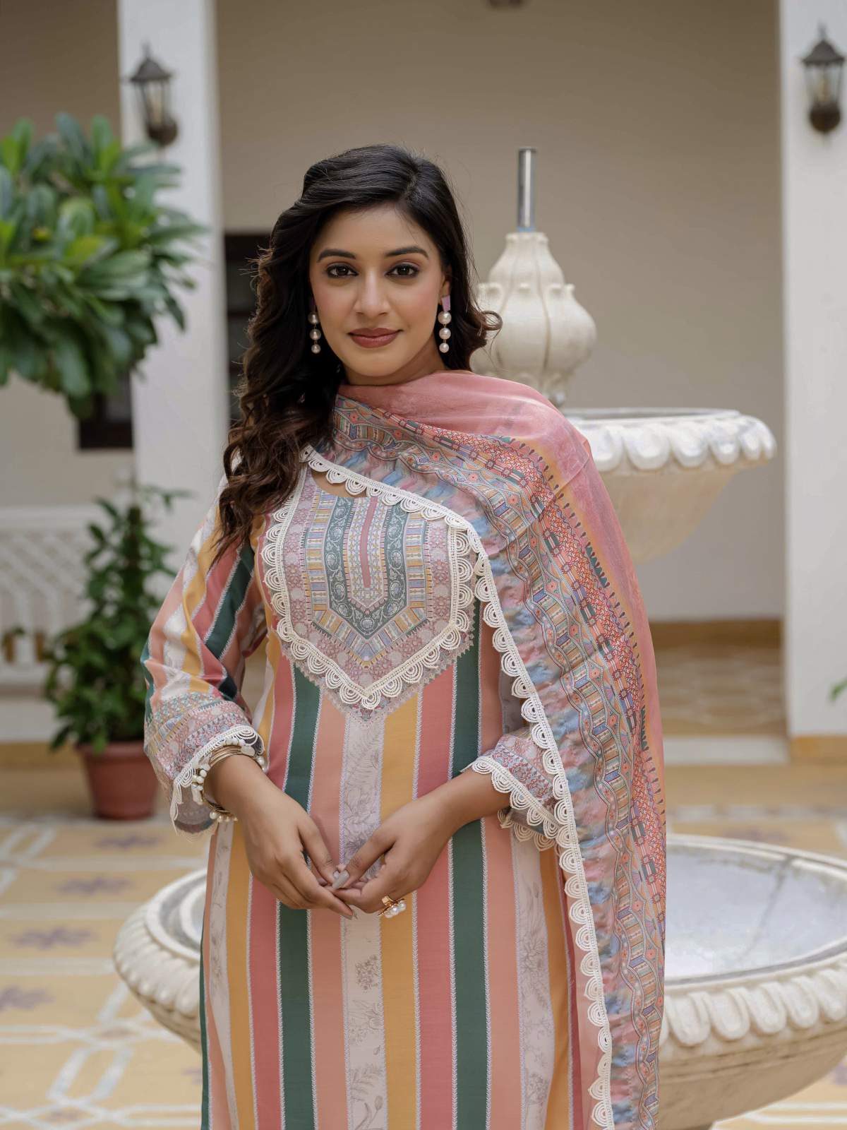 Orange Embroidery Rayon Slub Kurta Set