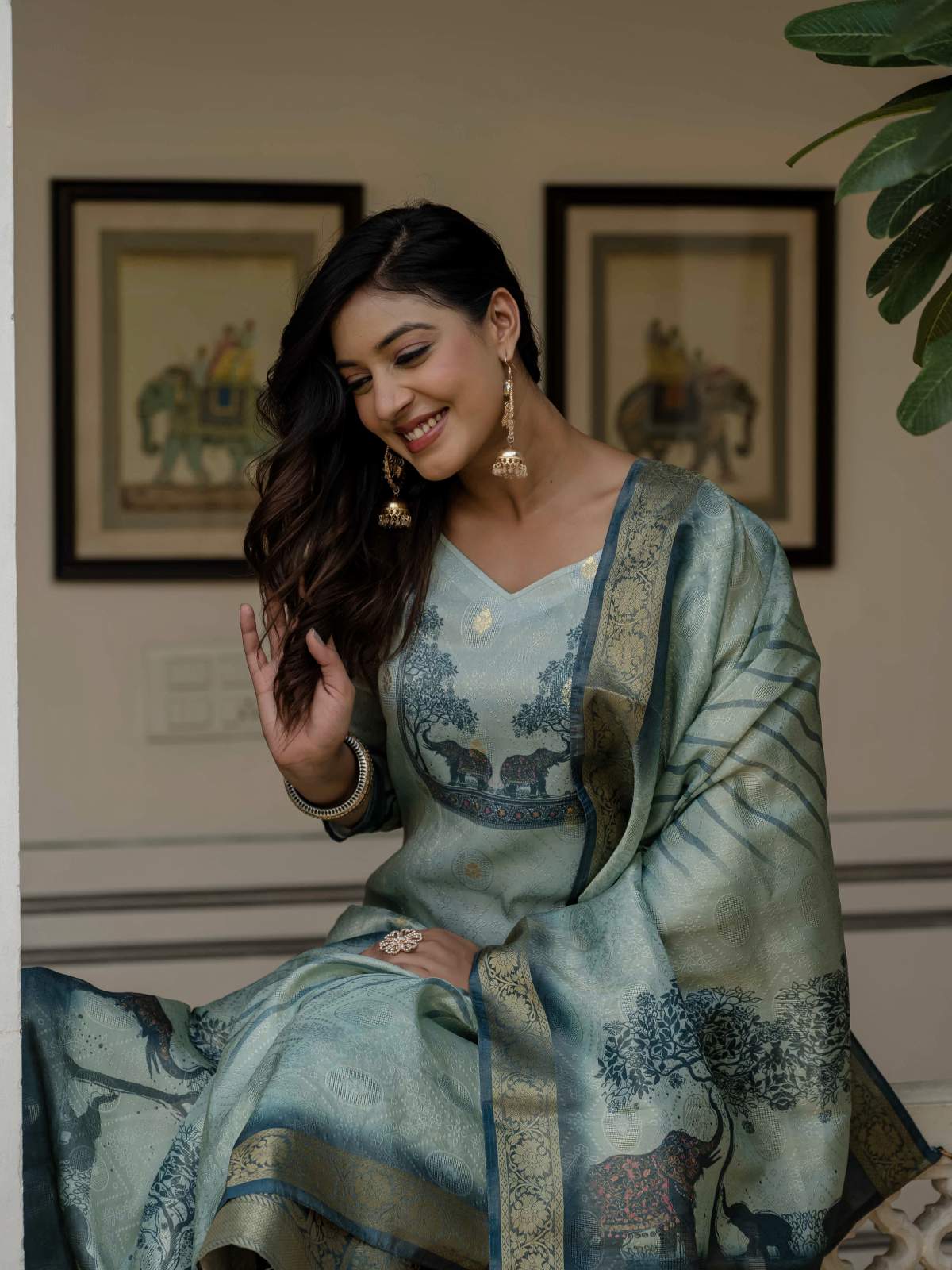 Blue Printed Jacquard Silk With Cotton Lining Kurta Set