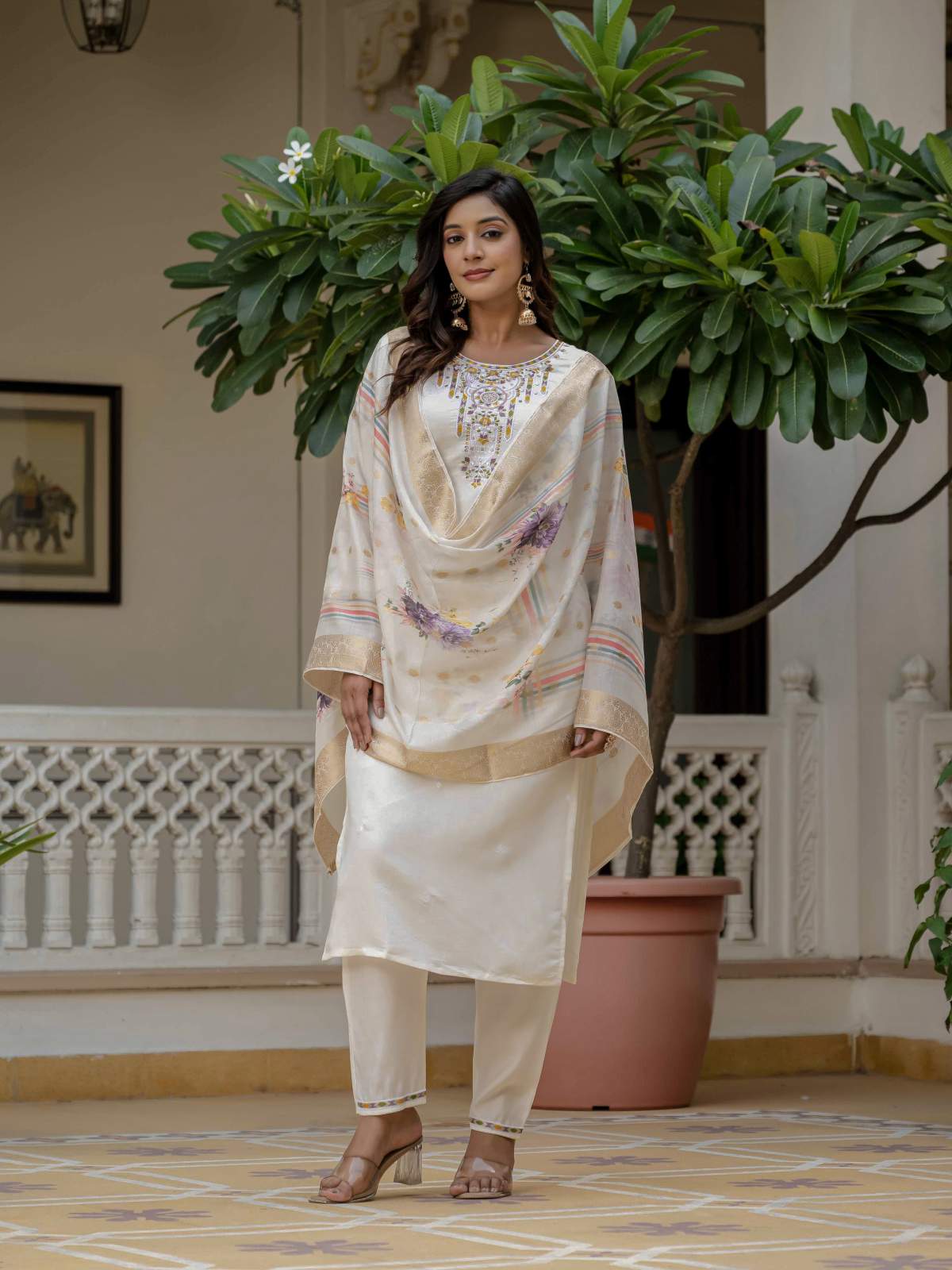 White Embroidery Roman Silk With Cotton Lining Kurta Set