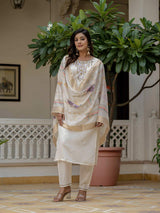 White Embroidery Roman Silk With Cotton Lining Kurta Set