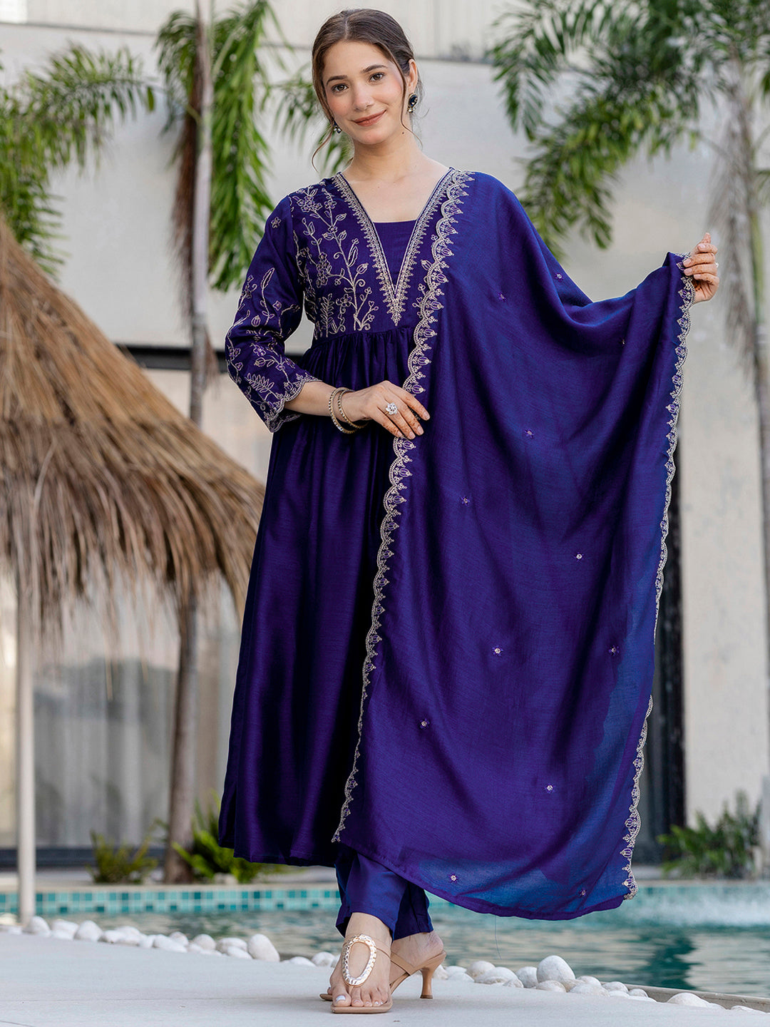 Blue Embroidery Vichitra Silk Kurta Set