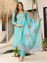 Aqua Blue Thread Viscose Kurta Set with Dupatta