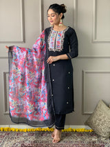 Black Thread Rayon Slub Kurta Set with Dupatta