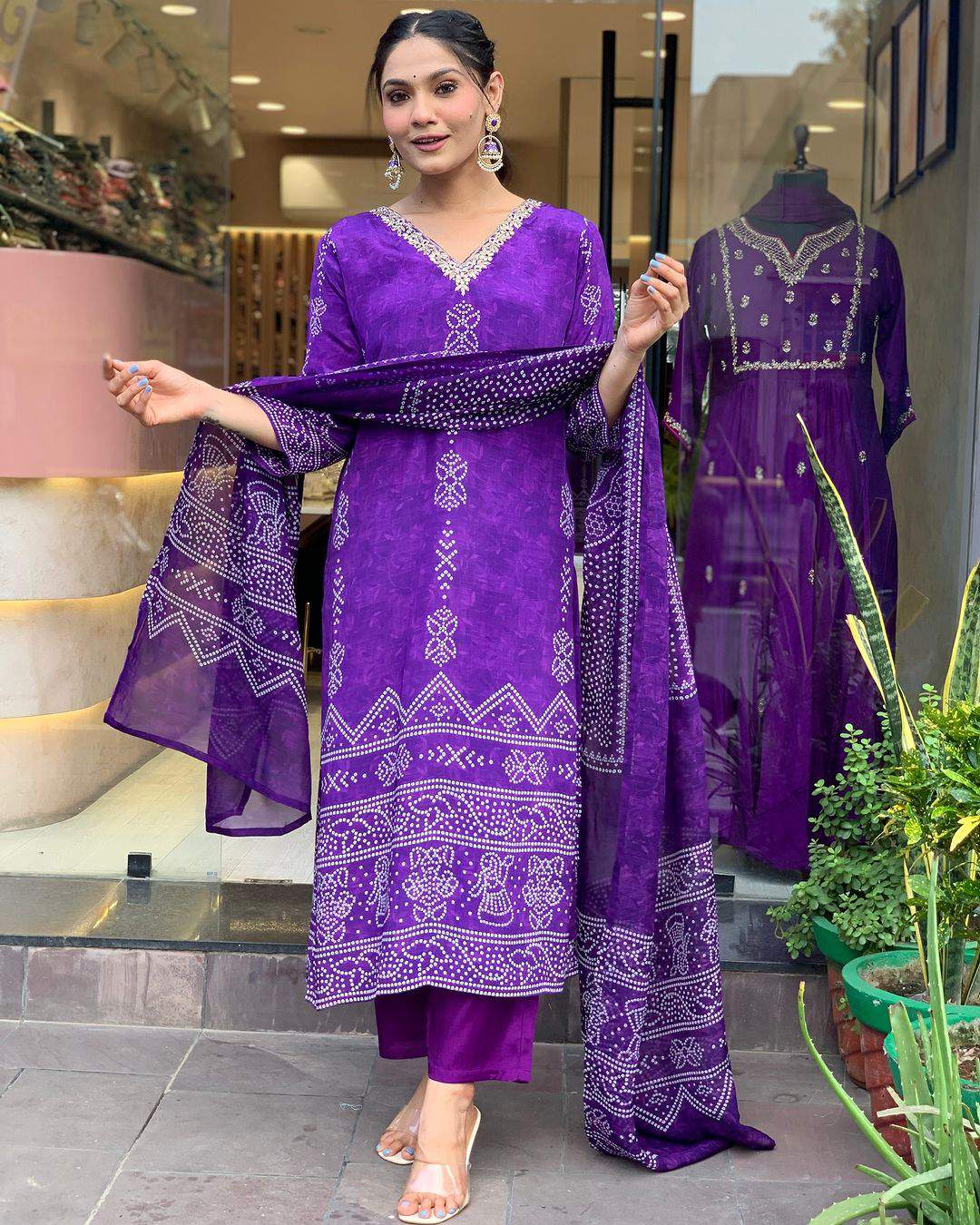 Printed & V-neck Embroidary French Crepe Kurta Set