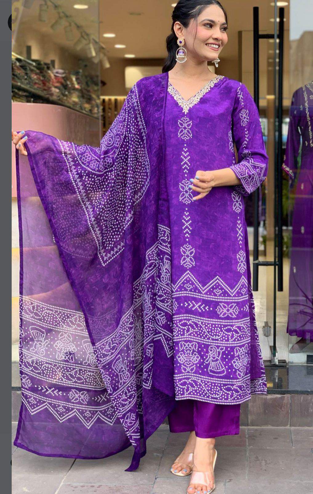Printed & V-neck Embroidary French Crepe Kurta Set
