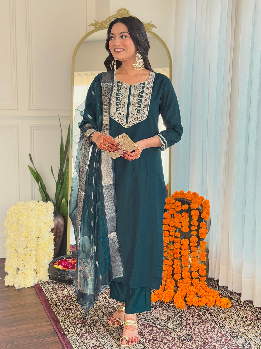 Dark Teal Thread Bsy Viscose Kurta Set with Dupatta Square Neck