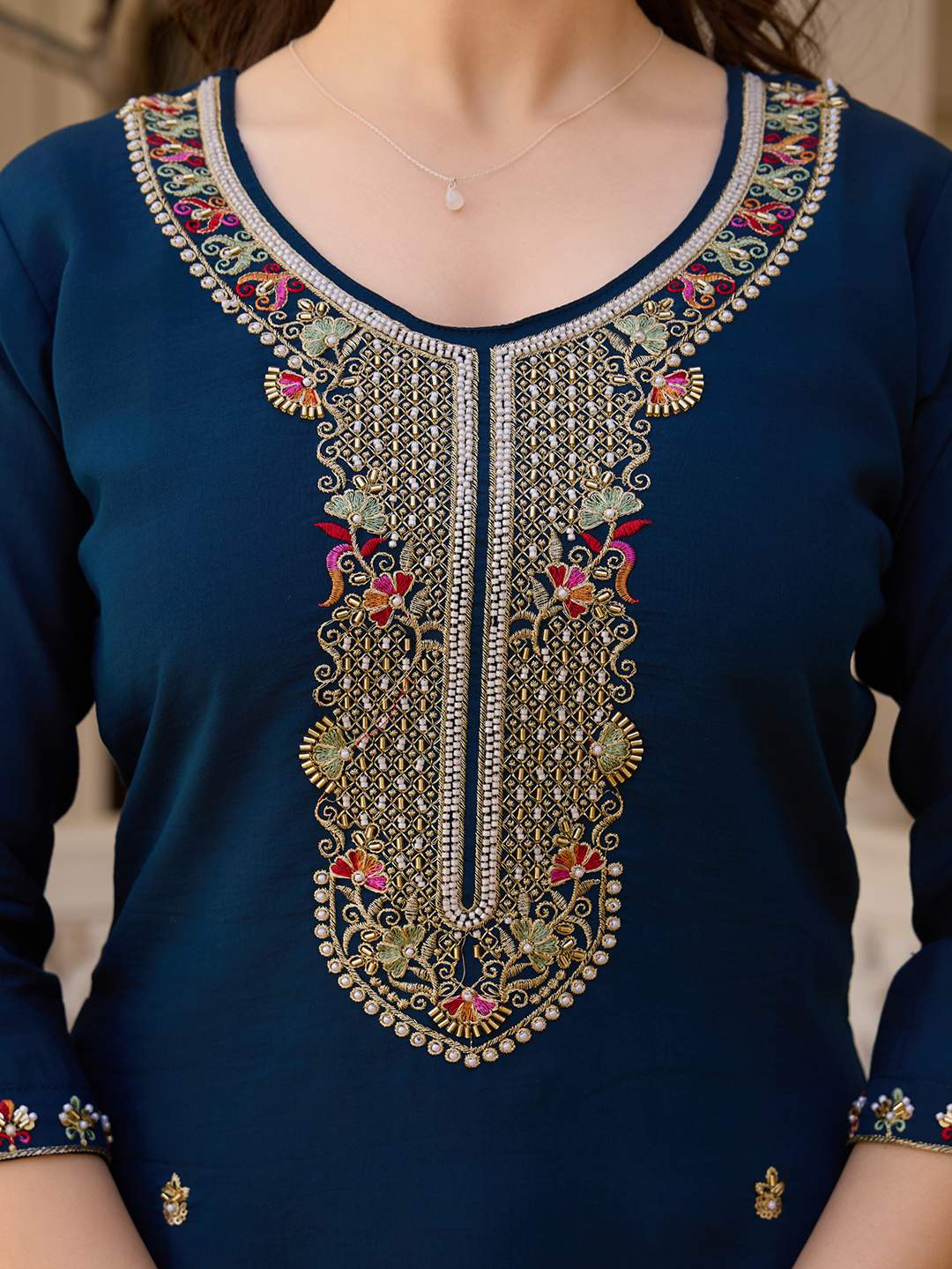 Embroidared Beads Viscose Chanderi Kurta Set