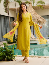 Lime Green Thread Rayon Slub Kurta Set with Dupatta V-Neck