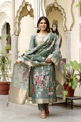 Grey Printed Woven Design Chanderi Cotton Kurta Set