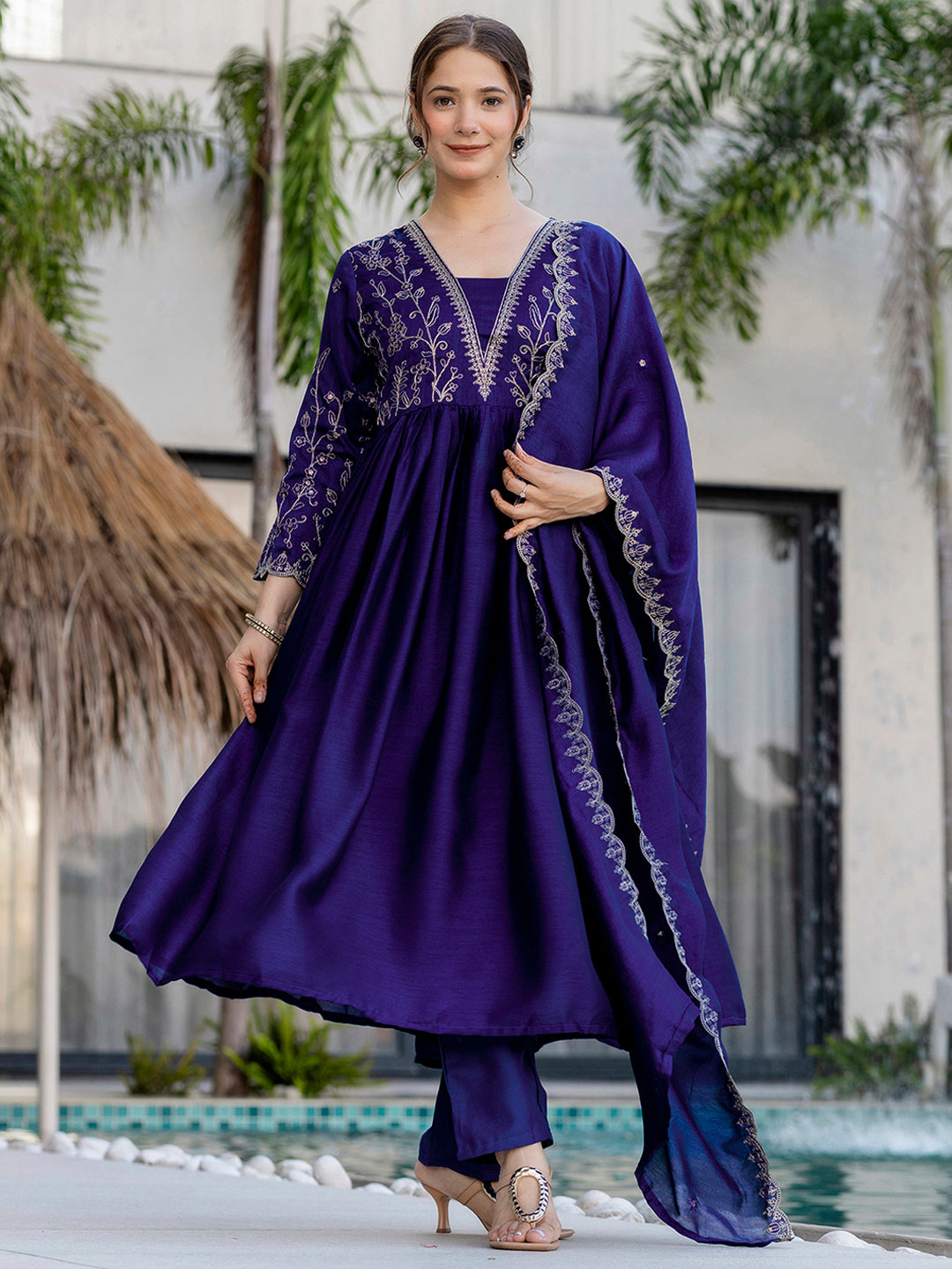 Blue Embroidery Vichitra Silk Kurta Set