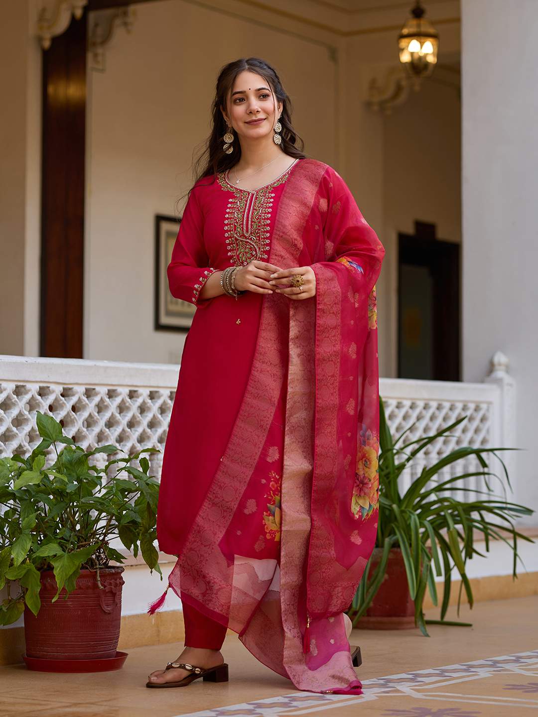 Embroidared Beads Viscose Chanderi Kurta Set