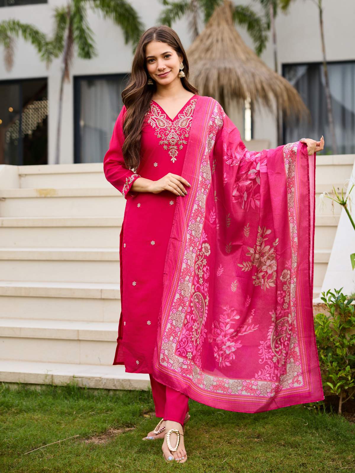 Pink Embroidared Beads Roman Silk With Cotton Lining Kurta Set