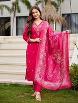 Pink Embroidared Beads Roman Silk With Cotton Lining Kurta Set