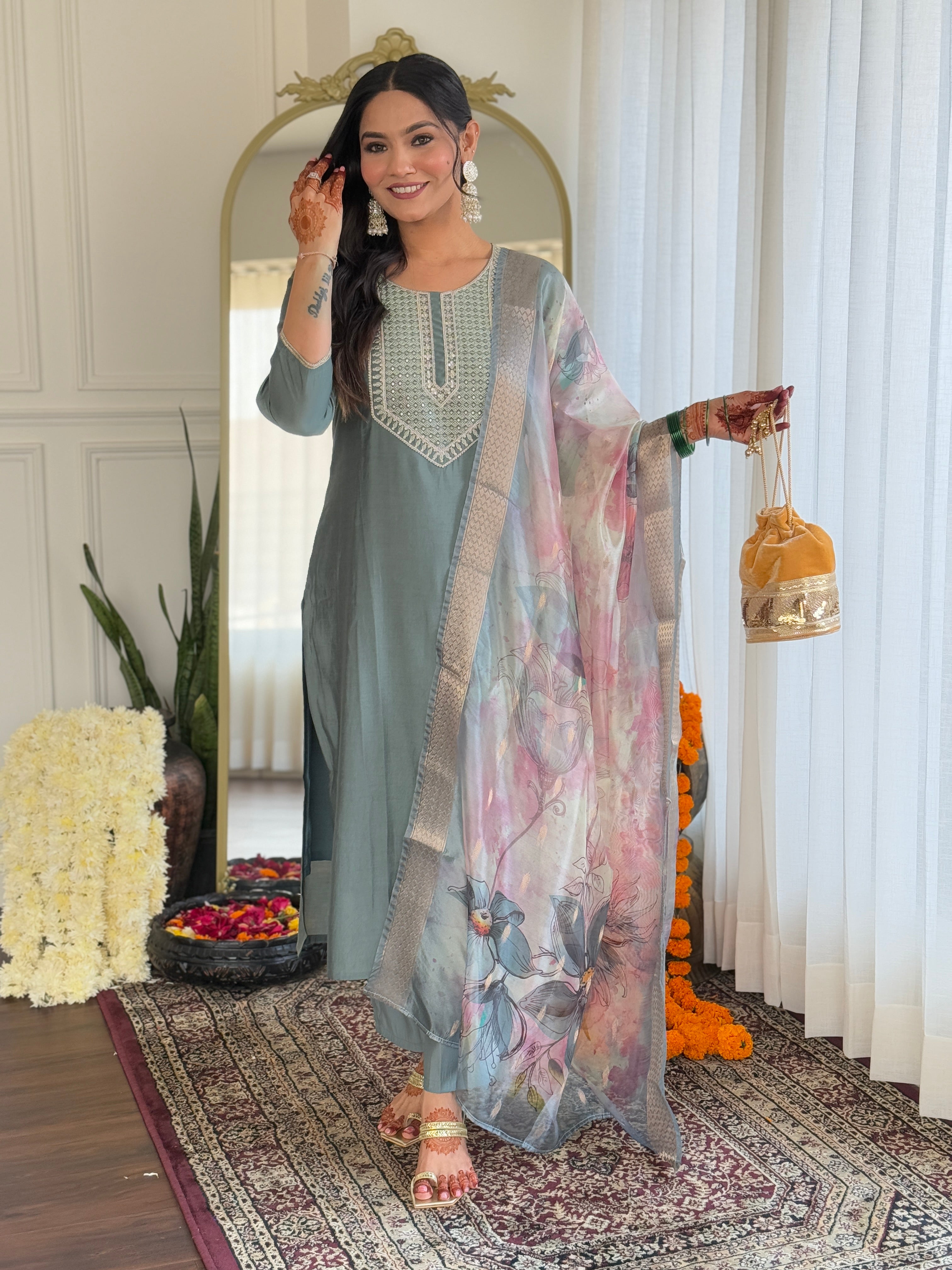 Dusty Teal Thread Bsy Viscose Kurta Set with Dupatta