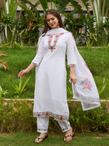 White Thread Embroidery Viscose With Cotton Lining Kurta Set with Dupatta