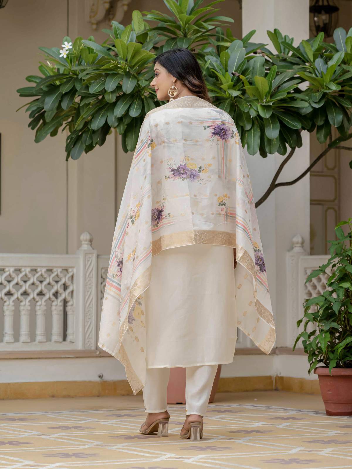 White Embroidery Roman Silk With Cotton Lining Kurta Set