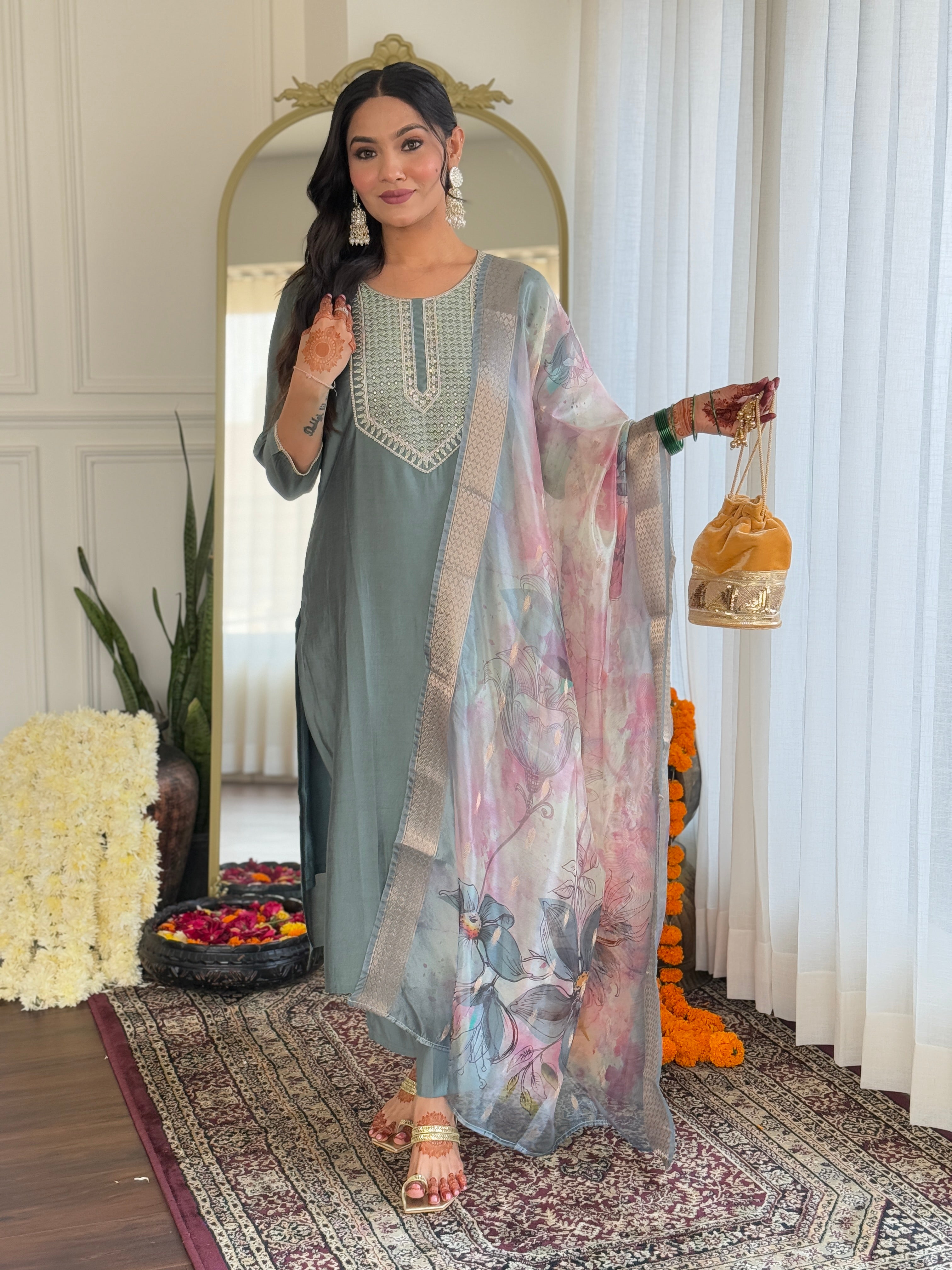 Dusty Teal Thread Bsy Viscose Kurta Set with Dupatta