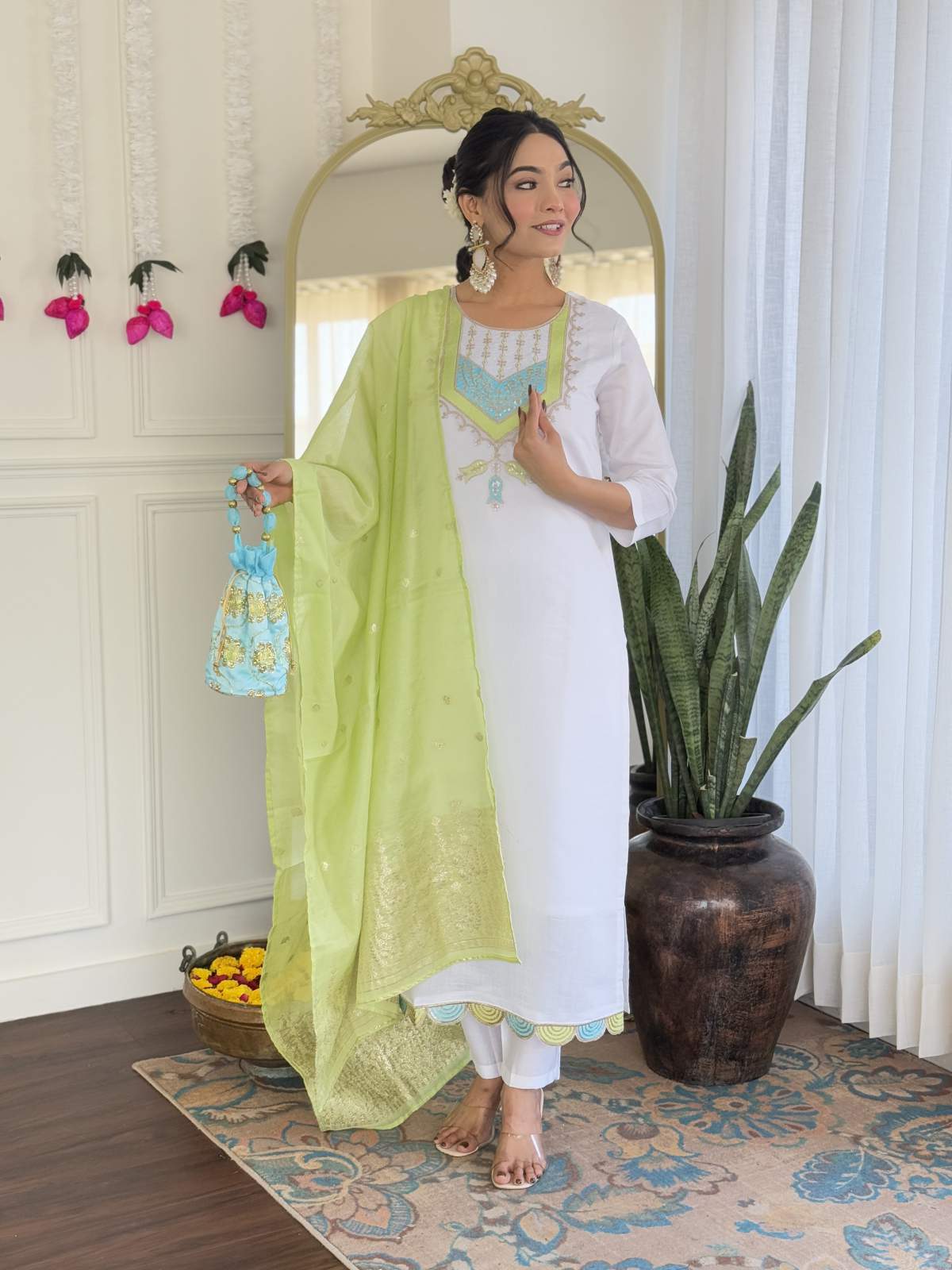 White Embroidery Viscose Chanderi Kurta Set