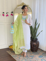 White Embroidery Viscose Chanderi Kurta Set