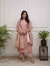 Peach Embroidery Pv Chanderi Kurta Set