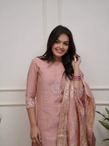 Peach Embroidery Pv Chanderi Kurta Set