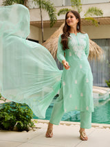 Mint Green Chikankari, Thread Cotton Kurta Set with Dupatta