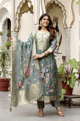 Grey Printed Woven Design Chanderi Cotton Kurta Set