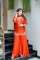 Orange Embroidared Natural Crepe (top Lebgth-31) Kurta Set