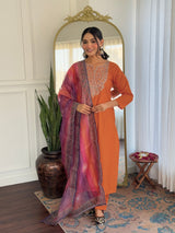 Orange Embroidery Rayon Kurta Set