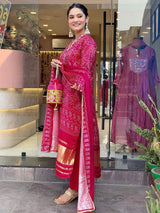 Navy Hand Printed With Embroidery Viscose Silk Kurta Set
