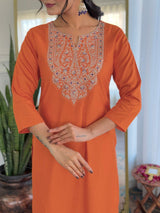 Orange Embroidery Rayon Kurta Set
