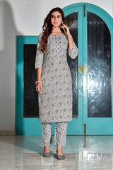 Grey Digital Print With Hand Work Cotton Blend Kurta Set