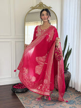 Pink Embroidery Roman Silk Kurta Set