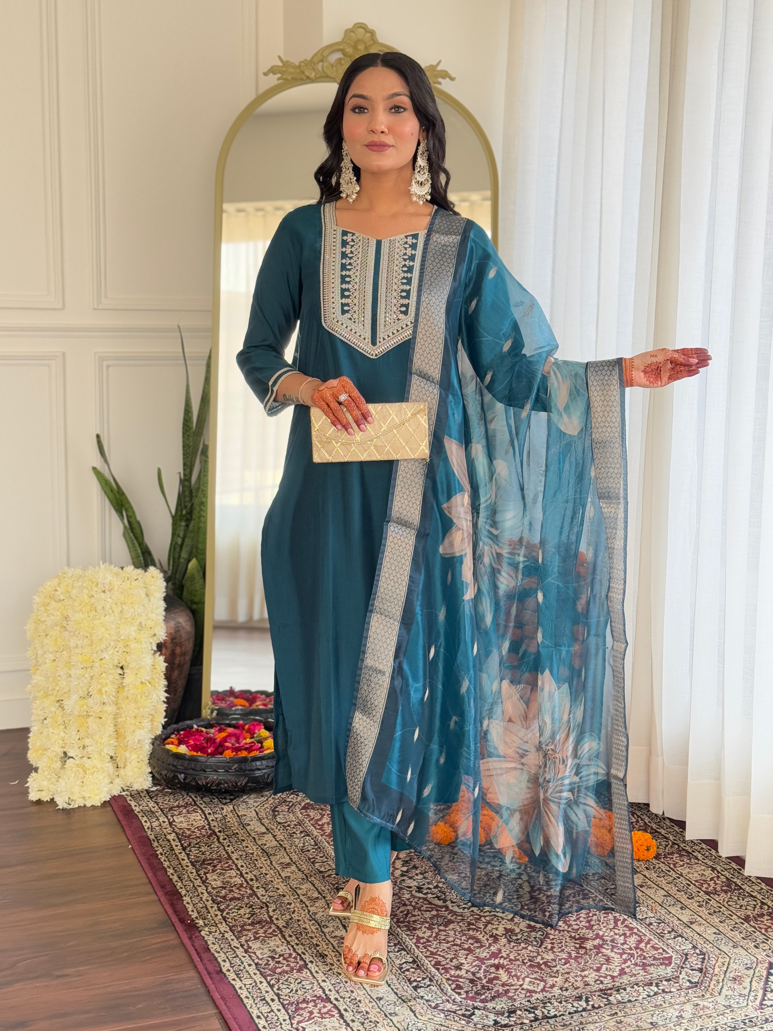 Dark Teal Thread Bsy Viscose Kurta Set with Dupatta Square Neck