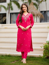 Pink Embroidared Beads Roman Silk With Cotton Lining Kurta Set