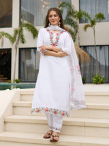 White Thread Embroidery Viscose With Cotton Lining Kurta Set with Dupatta