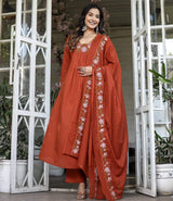 Orange Embroidared Soft Rayon Slub Kurta Set