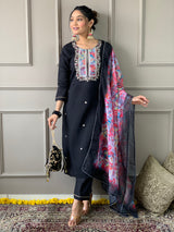 Black Thread Rayon Slub Kurta Set with Dupatta