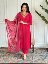 Fuchsia Thread Rayon Kurta Set with Dupatta V-Neck