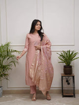 Peach Embroidery Pv Chanderi Kurta Set