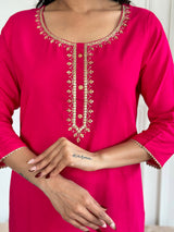 Hot Pink Thread Viscose Kurta Set with Dupatta