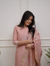 Peach Embroidery Pv Chanderi Kurta Set