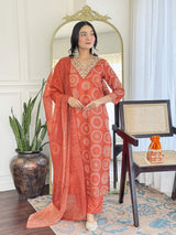 Orange Embroidery Rayon Kurta Set