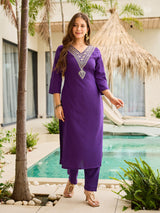 Purple Thread Rayon Slub Kurta Set with Dupatta V-Neck