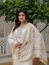 White Embroidery Roman Silk With Cotton Lining Kurta Set