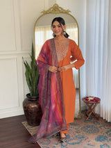 Orange Embroidery Rayon Kurta Set