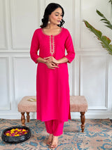 Hot Pink Thread Viscose Kurta Set with Dupatta