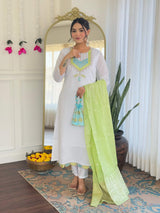 White Embroidery Viscose Chanderi Kurta Set