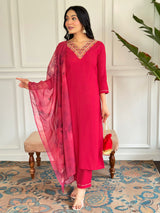 Fuchsia Thread Rayon Kurta Set with Dupatta V-Neck