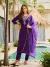 Purple Thread Rayon Slub Kurta Set with Dupatta V-Neck